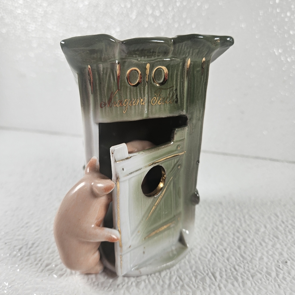 Whimsical German made pig in peeking in the outhouse. Niagara Falls souvenir.
